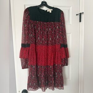 NWT Michael Kors Butterfly Tiered Mini Dress Black Scarlet Red Large